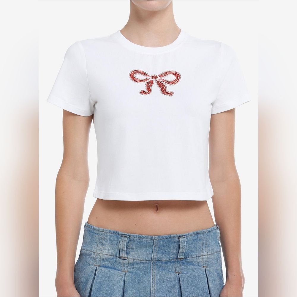 🔹️NWT Sweet Society Beaded Red Bow Crop Short Sleeve Top XLarge